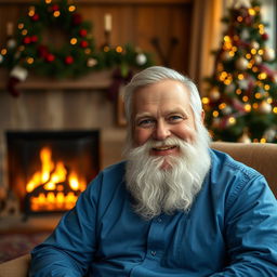 A man with a blue shirt and a bushy white beard reminiscent of Santa Claus, sitting on a cozy armchair