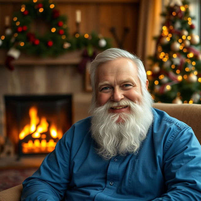 A man with a blue shirt and a bushy white beard reminiscent of Santa Claus, sitting on a cozy armchair