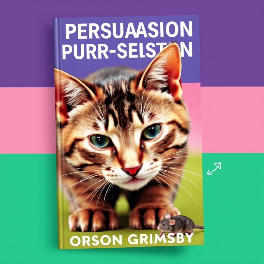 A flat book cover design featuring a large, bold title reading 'Persuasion Purr-sistence' at the top