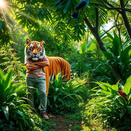 A majestic scene of a person standing confidently alongside a Royal Bengal tiger in a lush green jungle