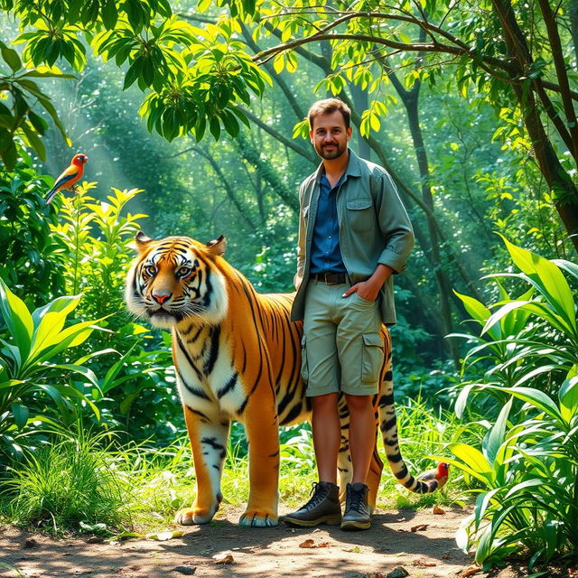 A majestic scene of a person standing confidently alongside a Royal Bengal tiger in a lush green jungle