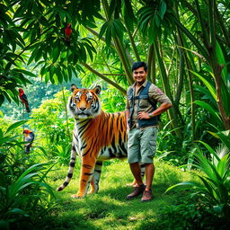 A majestic scene of a person standing confidently alongside a Royal Bengal tiger in a lush green jungle