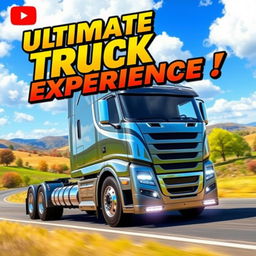 A dynamic and engaging thumbnail for a YouTube video about Universal Truck Simulator, featuring a sleek, modern truck driving through a vibrant, open landscape