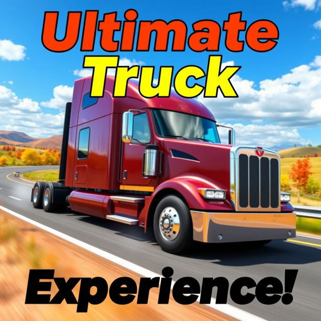 A dynamic and engaging thumbnail for a YouTube video about Universal Truck Simulator, featuring a sleek, modern truck driving through a vibrant, open landscape