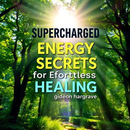 A flat book cover design featuring a large, bold title "Supercharged Energy Secrets for Effortless Healing" at the top, accompanied by a smaller subtitle "by Gideon Hargrave" underneath