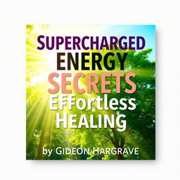A flat book cover design featuring a large, bold title "Supercharged Energy Secrets for Effortless Healing" at the top, accompanied by a smaller subtitle "by Gideon Hargrave" underneath