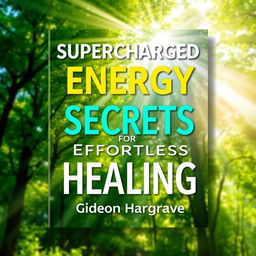 A flat book cover design featuring a large, bold title "Supercharged Energy Secrets for Effortless Healing" at the top, accompanied by a smaller subtitle "by Gideon Hargrave" underneath
