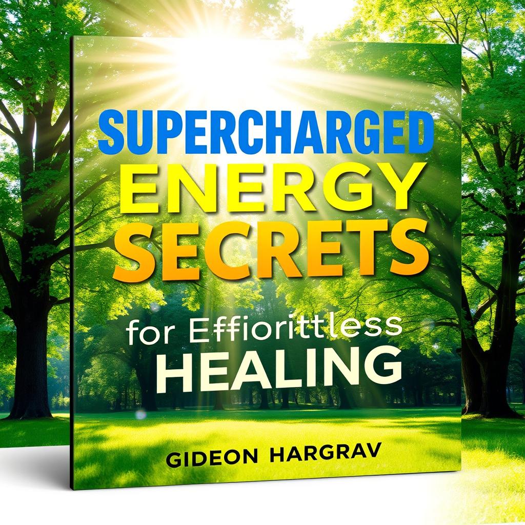 A flat book cover design featuring a large, bold title "Supercharged Energy Secrets for Effortless Healing" at the top, accompanied by a smaller subtitle "by Gideon Hargrave" underneath