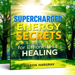 A flat book cover design featuring a large, bold title "Supercharged Energy Secrets for Effortless Healing" at the top, accompanied by a smaller subtitle "by Gideon Hargrave" underneath