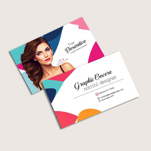 A business card design for a female graphic designer, featuring her photo prominently on one side