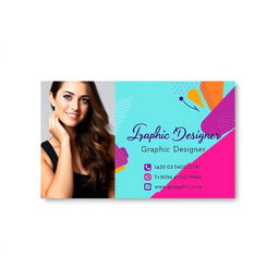 A business card design for a female graphic designer, featuring her photo prominently on one side
