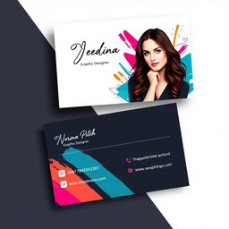 A business card design for a female graphic designer, featuring her photo prominently on one side