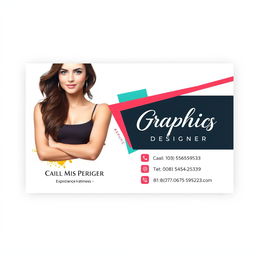 A business card design for a female graphic designer, featuring her photo prominently on one side