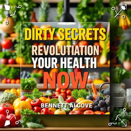 A flat cover design featuring a realistic image of a vibrant, healthy lifestyle setting: a colorful kitchen filled with fresh fruits and vegetables and lively greenery