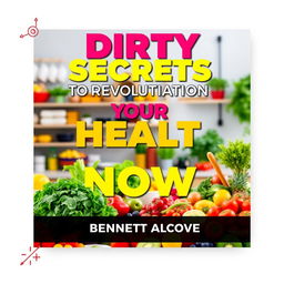 A flat cover design featuring a realistic image of a vibrant, healthy lifestyle setting: a colorful kitchen filled with fresh fruits and vegetables and lively greenery