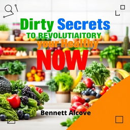 A flat cover design featuring a realistic image of a vibrant, healthy lifestyle setting: a colorful kitchen filled with fresh fruits and vegetables and lively greenery