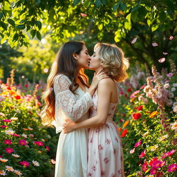 A romantic scene depicting two beautiful women passionately kissing in a lush garden filled with vibrant flowers and greenery