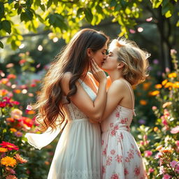 A romantic scene depicting two beautiful women passionately kissing in a lush garden filled with vibrant flowers and greenery