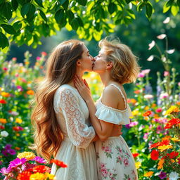 A romantic scene depicting two beautiful women passionately kissing in a lush garden filled with vibrant flowers and greenery