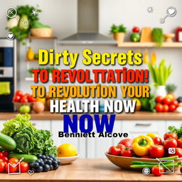 A flat cover design set in a vibrant, healthy lifestyle setting, featuring a realistic kitchen filled with colorful fresh fruits and vegetables