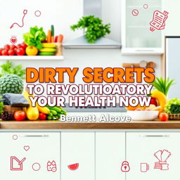 A flat cover design set in a vibrant, healthy lifestyle setting, featuring a realistic kitchen filled with colorful fresh fruits and vegetables
