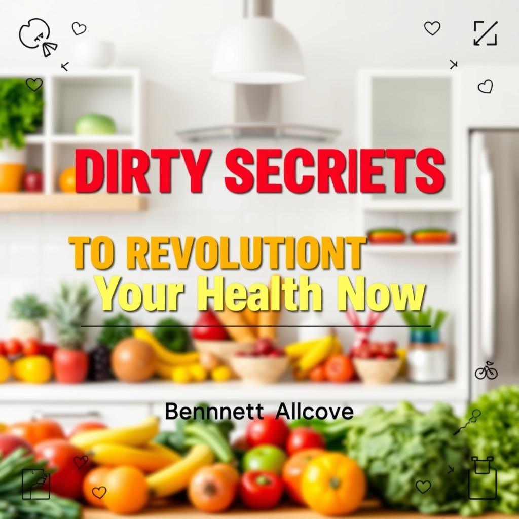 A flat cover design set in a vibrant, healthy lifestyle setting, featuring a realistic kitchen filled with colorful fresh fruits and vegetables