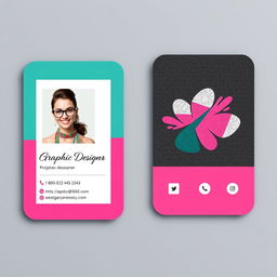 A stylish and professional business card design for a female graphic designer running an online business