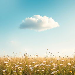 A serene and gentle scene depicting a fluffy white cloud floating in a bright blue sky, with soft sunlight illuminating the edges