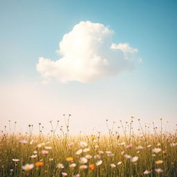 A serene and gentle scene depicting a fluffy white cloud floating in a bright blue sky, with soft sunlight illuminating the edges