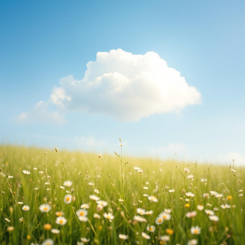 A serene and gentle scene depicting a fluffy white cloud floating in a bright blue sky, with soft sunlight illuminating the edges