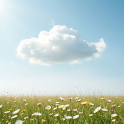 A serene and gentle scene depicting a fluffy white cloud floating in a bright blue sky, with soft sunlight illuminating the edges