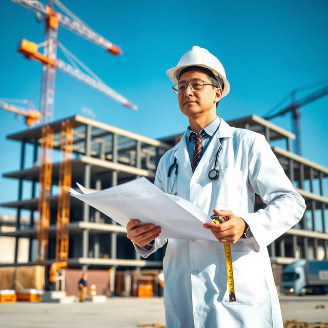 A doctor in a white lab coat, wearing a hard hat, is standing on a construction site with blueprints in one hand and a measuring tape in the other