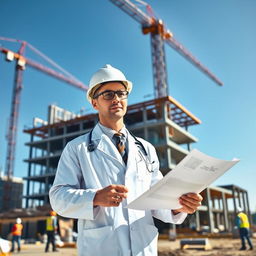 A doctor in a white lab coat, wearing a hard hat, is standing on a construction site with blueprints in one hand and a measuring tape in the other