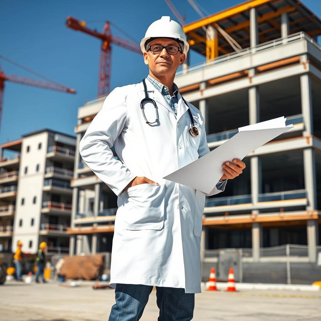 A doctor in a white lab coat, wearing a hard hat, is standing on a construction site with blueprints in one hand and a measuring tape in the other