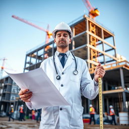 A doctor in a white lab coat, wearing a hard hat, is standing on a construction site with blueprints in one hand and a measuring tape in the other