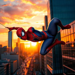 A dynamic scene of Spiderman swinging through a bustling city at sunset, showcasing his iconic red and blue suit with the web pattern