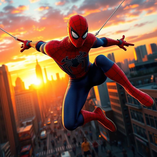 A dynamic scene of Spiderman swinging through a bustling city at sunset, showcasing his iconic red and blue suit with the web pattern