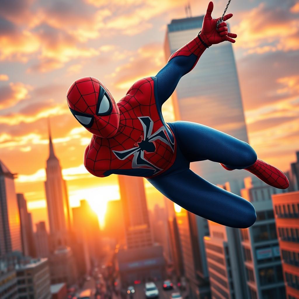 A dynamic scene of Spiderman swinging through a bustling city at sunset, showcasing his iconic red and blue suit with the web pattern