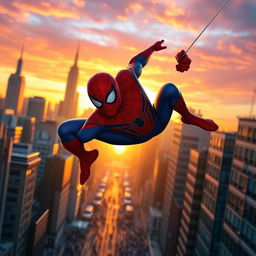 A dynamic scene of Spiderman swinging through a bustling city at sunset, showcasing his iconic red and blue suit with the web pattern