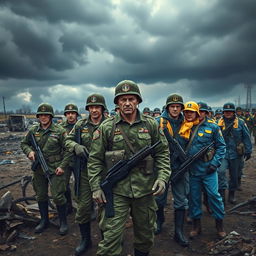 A dramatic scene illustrating a tense standoff between Russian soldiers and Ukrainian soldiers in a war-torn landscape