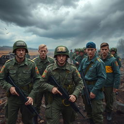 A dramatic scene illustrating a tense standoff between Russian soldiers and Ukrainian soldiers in a war-torn landscape