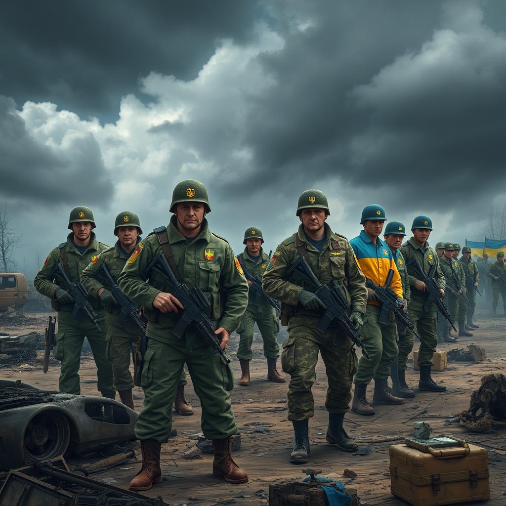 A dramatic scene illustrating a tense standoff between Russian soldiers and Ukrainian soldiers in a war-torn landscape