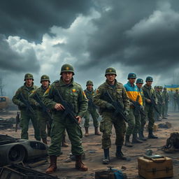 A dramatic scene illustrating a tense standoff between Russian soldiers and Ukrainian soldiers in a war-torn landscape