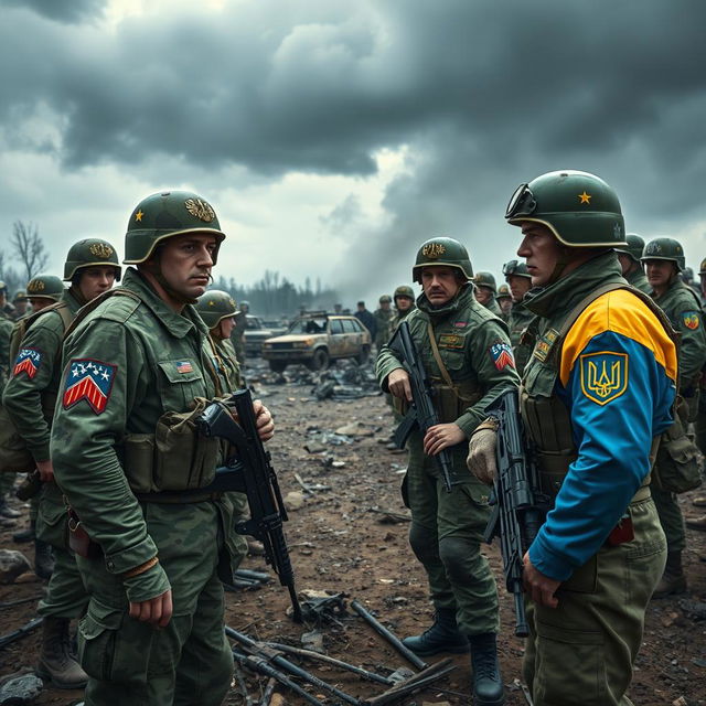 A dramatic scene illustrating a tense standoff between Russian soldiers and Ukrainian soldiers in a war-torn landscape