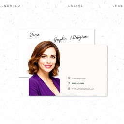 An elegant business card design for a female graphic designer’s online business, featuring her photo prominently on the front