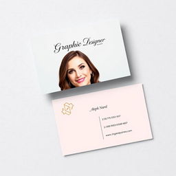 An elegant business card design for a female graphic designer’s online business, featuring her photo prominently on the front