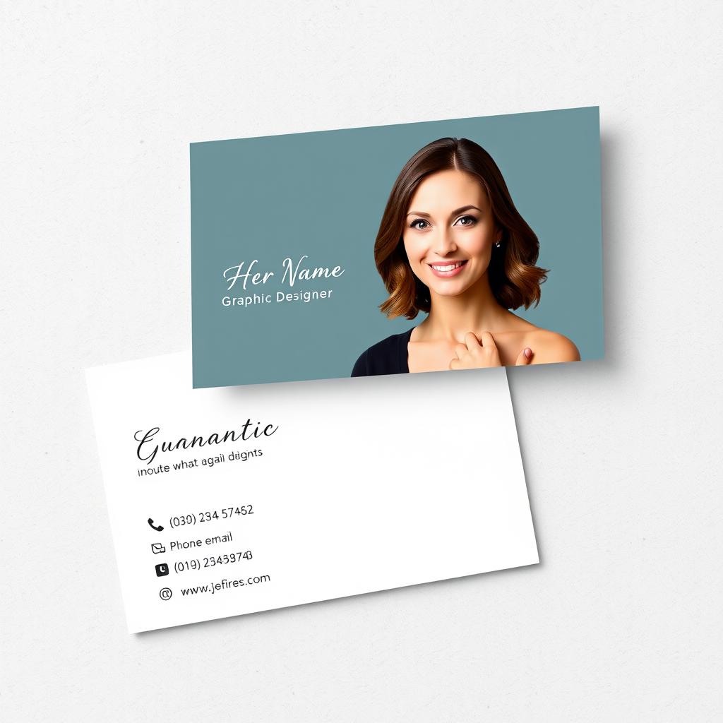 An elegant business card design for a female graphic designer’s online business, featuring her photo prominently on the front