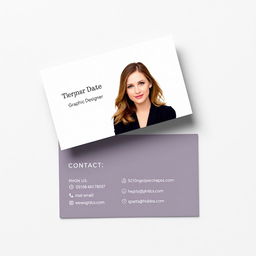 An elegant business card design for a female graphic designer’s online business, featuring her photo prominently on the front