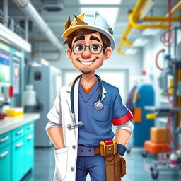 A unique character design of a doctor, the left half of their attire consisting of traditional medical gowns and scrubs, showcasing a stethoscope, while the right half is wearing engineering clothes, like a hard hat and a tool belt, blending the two professions seamlessly