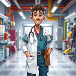 A unique character design of a doctor, the left half of their attire consisting of traditional medical gowns and scrubs, showcasing a stethoscope, while the right half is wearing engineering clothes, like a hard hat and a tool belt, blending the two professions seamlessly